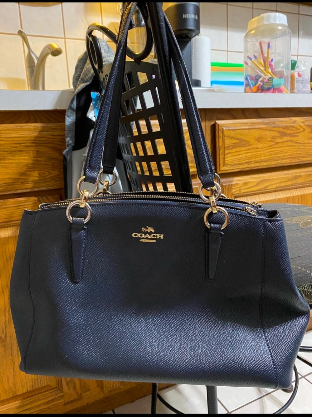 Coach Navy Leather Double-Handle Satchel with Gold Hardware